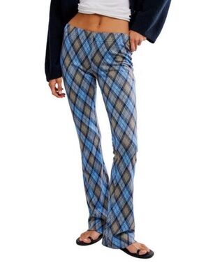 Free People Women's Blue Chloe Plaid Flare Leg Knit Pants